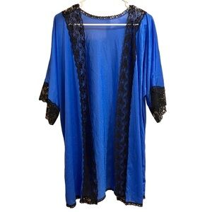 Vintage Robe Women Kimono Cardigan Nylon Lace Open Front Blue Black USA